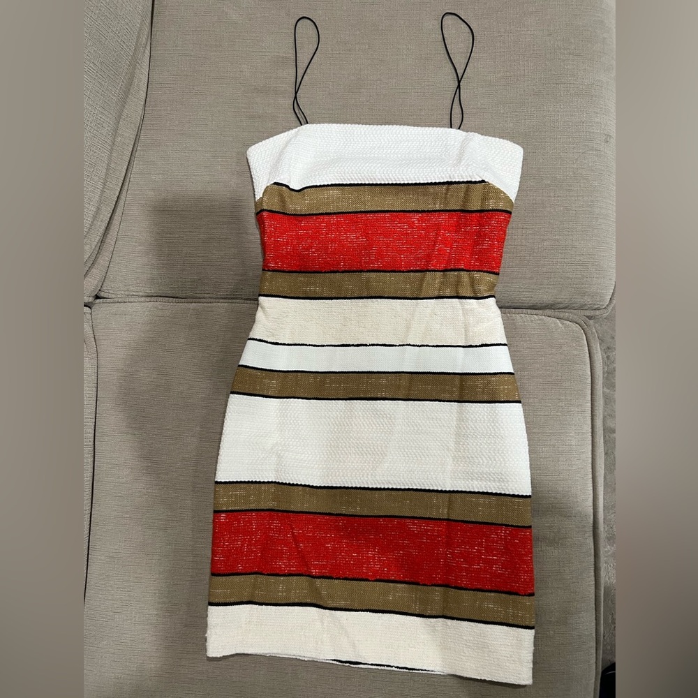 bec + bridge White Red Olive Striped Mini Dress